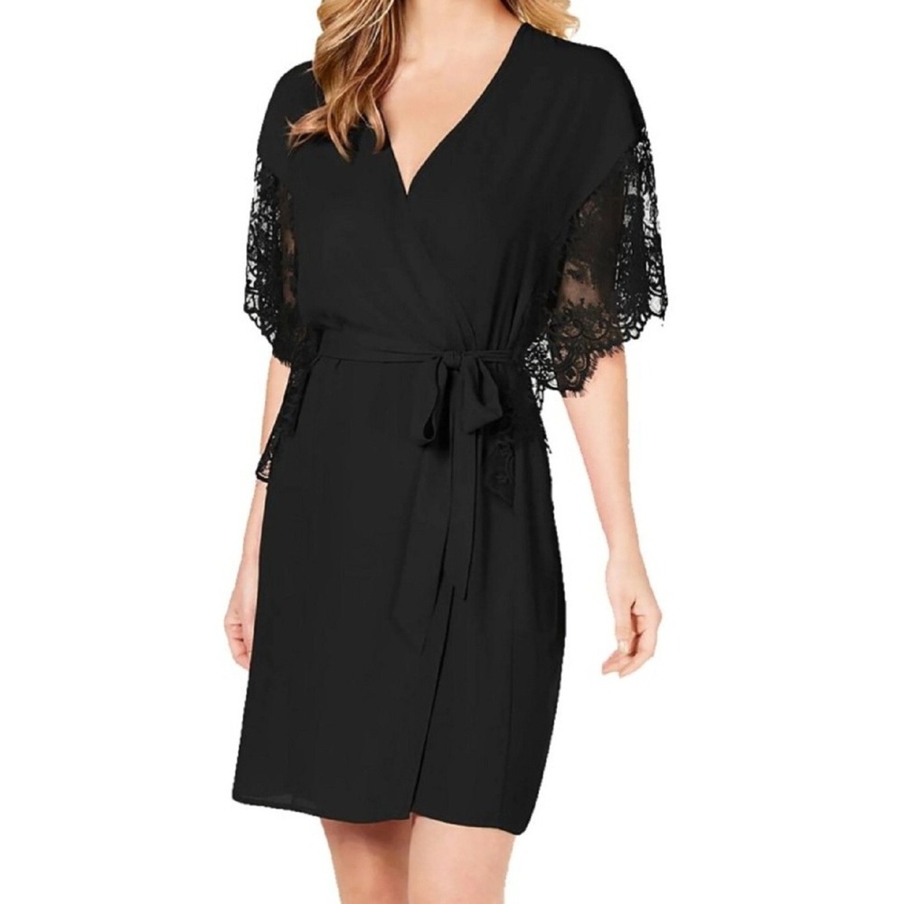 INC Women Black Lace Sleeve Chiffon Wrap Robe Dress Whimsical Goth Witchy M